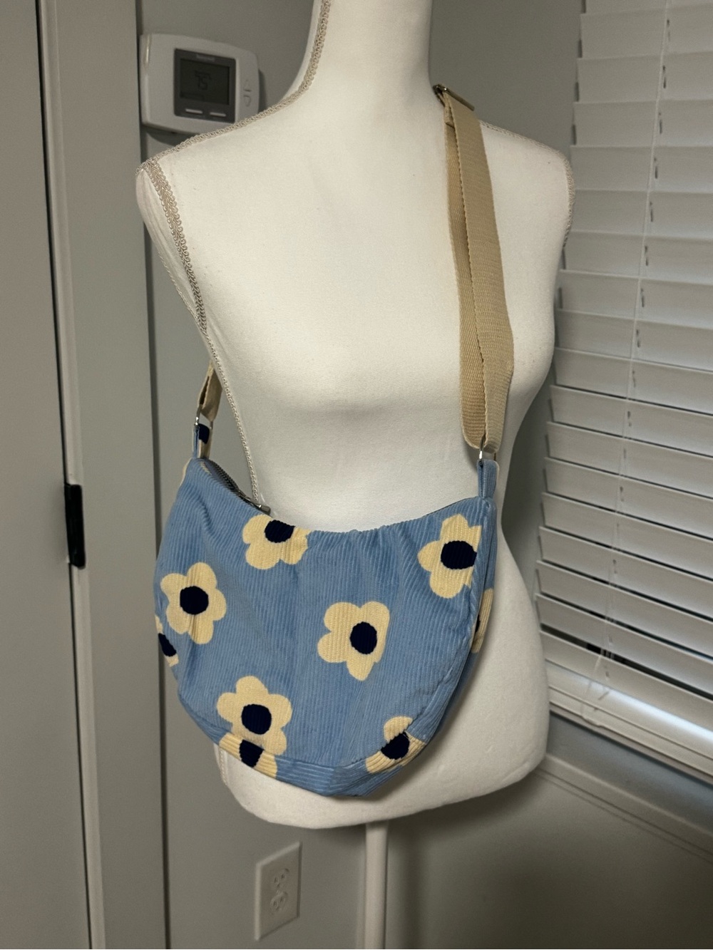 Blue Floral Corduroy Shoulder Bag with Cream Strap